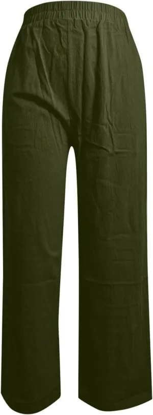 Women Linen Pants Drawstring Wide Leg Pants Flowy Elastic Waist Pant Casual Palazzo Trouser High Waisted Lounge Pant