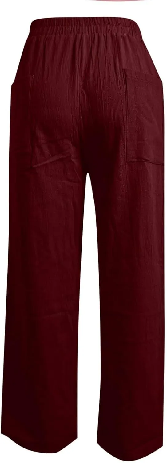 Women Linen Pants Drawstring Wide Leg Pants Flowy Elastic Waist Pant Casual Palazzo Trouser High Waisted Lounge Pant