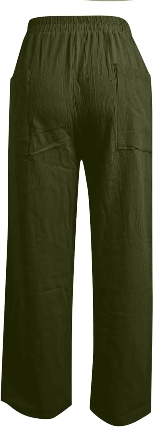 Women Linen Pants Drawstring Wide Leg Pants Flowy Elastic Waist Pant Casual Palazzo Trouser High Waisted Lounge Pant
