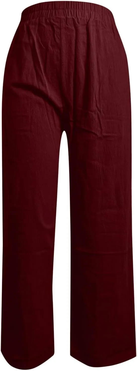 Women Linen Pants Drawstring Wide Leg Pants Flowy Elastic Waist Pant Casual Palazzo Trouser High Waisted Lounge Pant