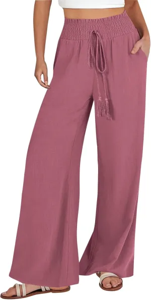 Women Linen Pants Palazzo Dressy Wide Leg Pants Summer Boho Linen Pant Flowy Beach Trousers with Pockets Resort Wear