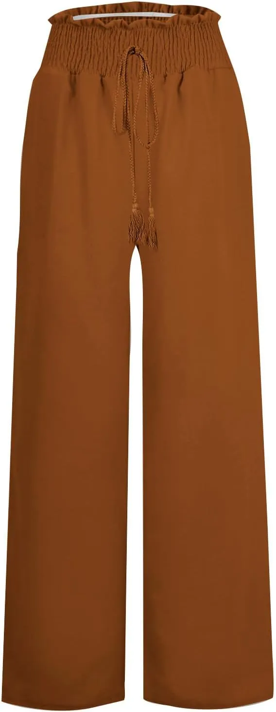 Women Linen Pants Palazzo Dressy Wide Leg Pants Summer Boho Linen Pant Flowy Beach Trousers with Pockets Resort Wear