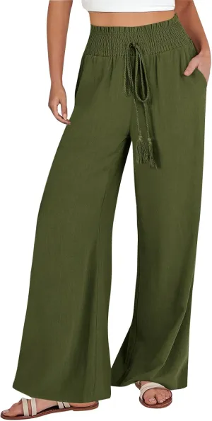 Women Linen Pants Palazzo Dressy Wide Leg Pants Summer Boho Linen Pant Flowy Beach Trousers with Pockets Resort Wear