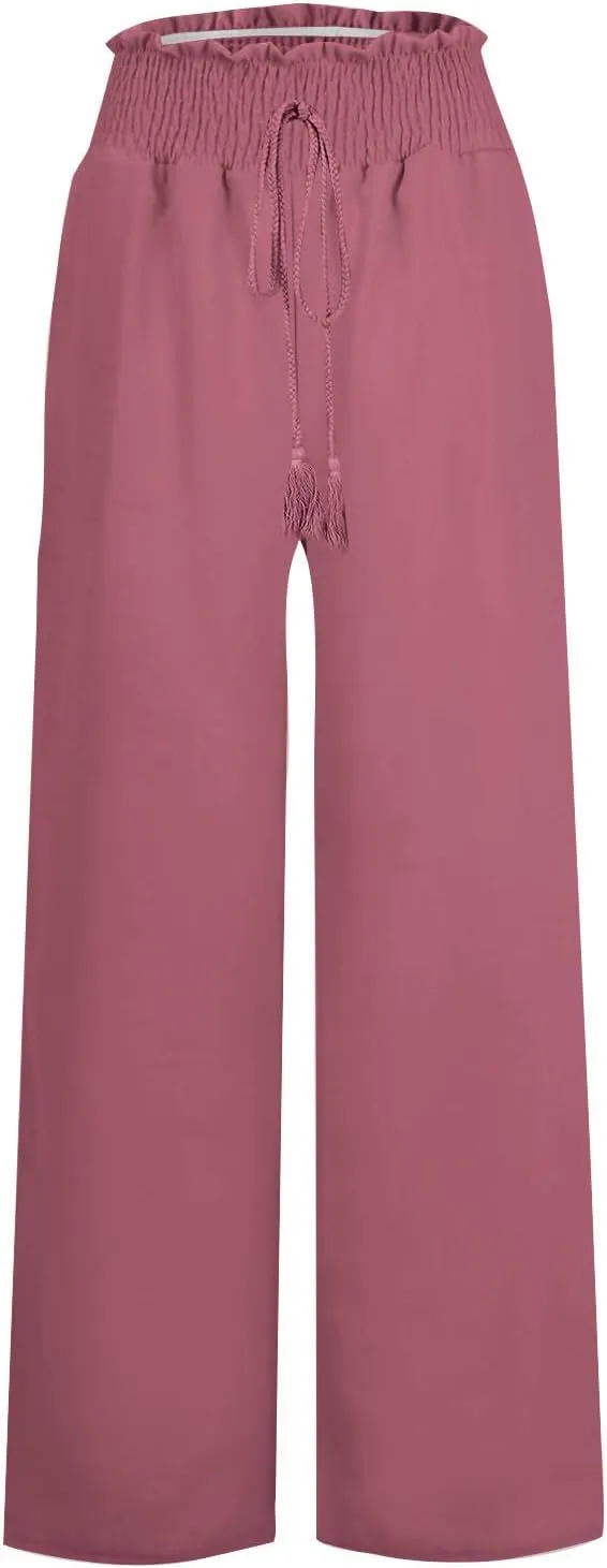 Women Linen Pants Palazzo Dressy Wide Leg Pants Summer Boho Linen Pant Flowy Beach Trousers with Pockets Resort Wear