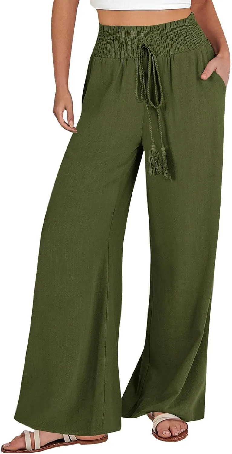 Women Linen Pants Palazzo Dressy Wide Leg Pants Summer Boho Linen Pant Flowy Beach Trousers with Pockets Resort Wear