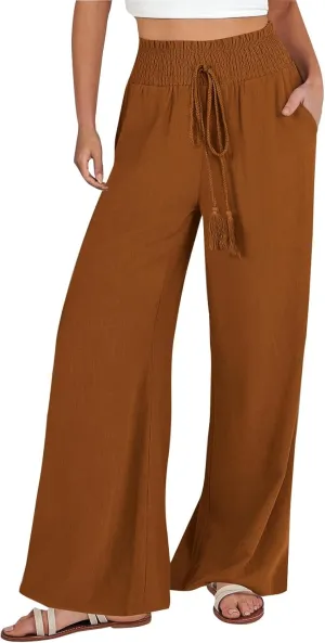 Women Linen Pants Palazzo Dressy Wide Leg Pants Summer Boho Linen Pant Flowy Beach Trousers with Pockets Resort Wear
