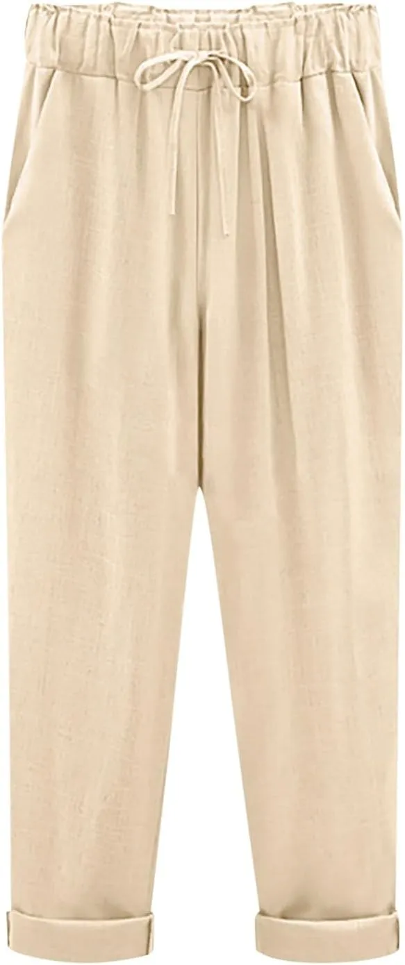 Women Linen Pants Wide Leg Casual Palazzo Pant Lounge High Waisted Beach Long Trousers Pants with Pockets Beach Wear
