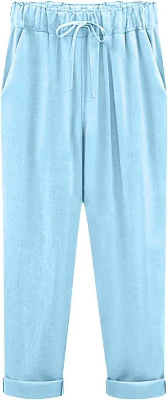Women Linen Pants Wide Leg Casual Palazzo Pant Lounge High Waisted Beach Long Trousers Pants with Pockets Beach Wear