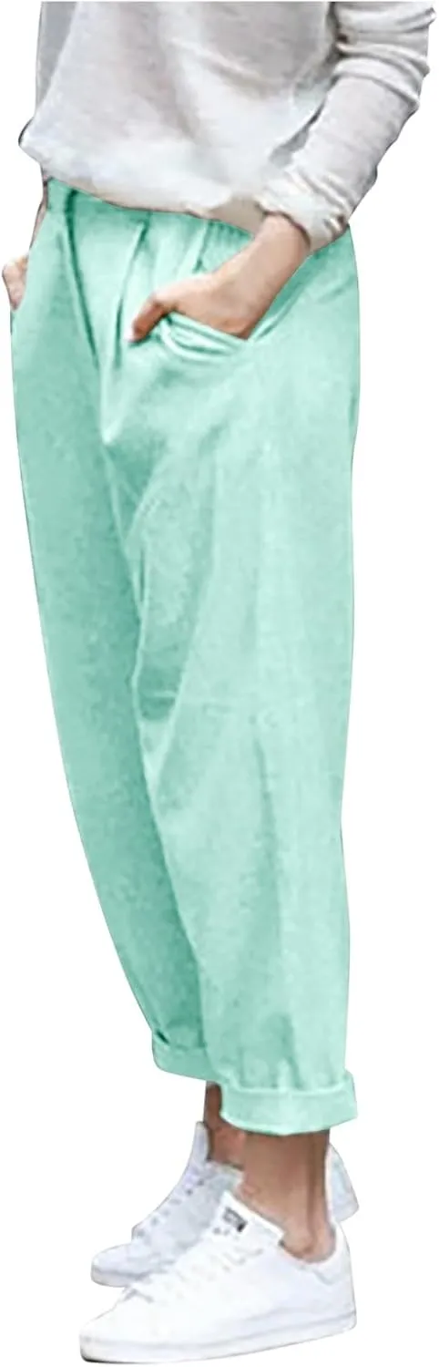 Women Linen Pants Wide Leg Casual Palazzo Pant Lounge High Waisted Beach Long Trousers Pants with Pockets Beach Wear
