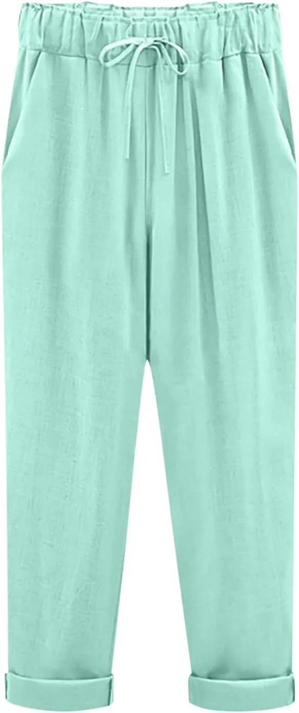 Women Linen Pants Wide Leg Casual Palazzo Pant Lounge High Waisted Beach Long Trousers Pants with Pockets Beach Wear