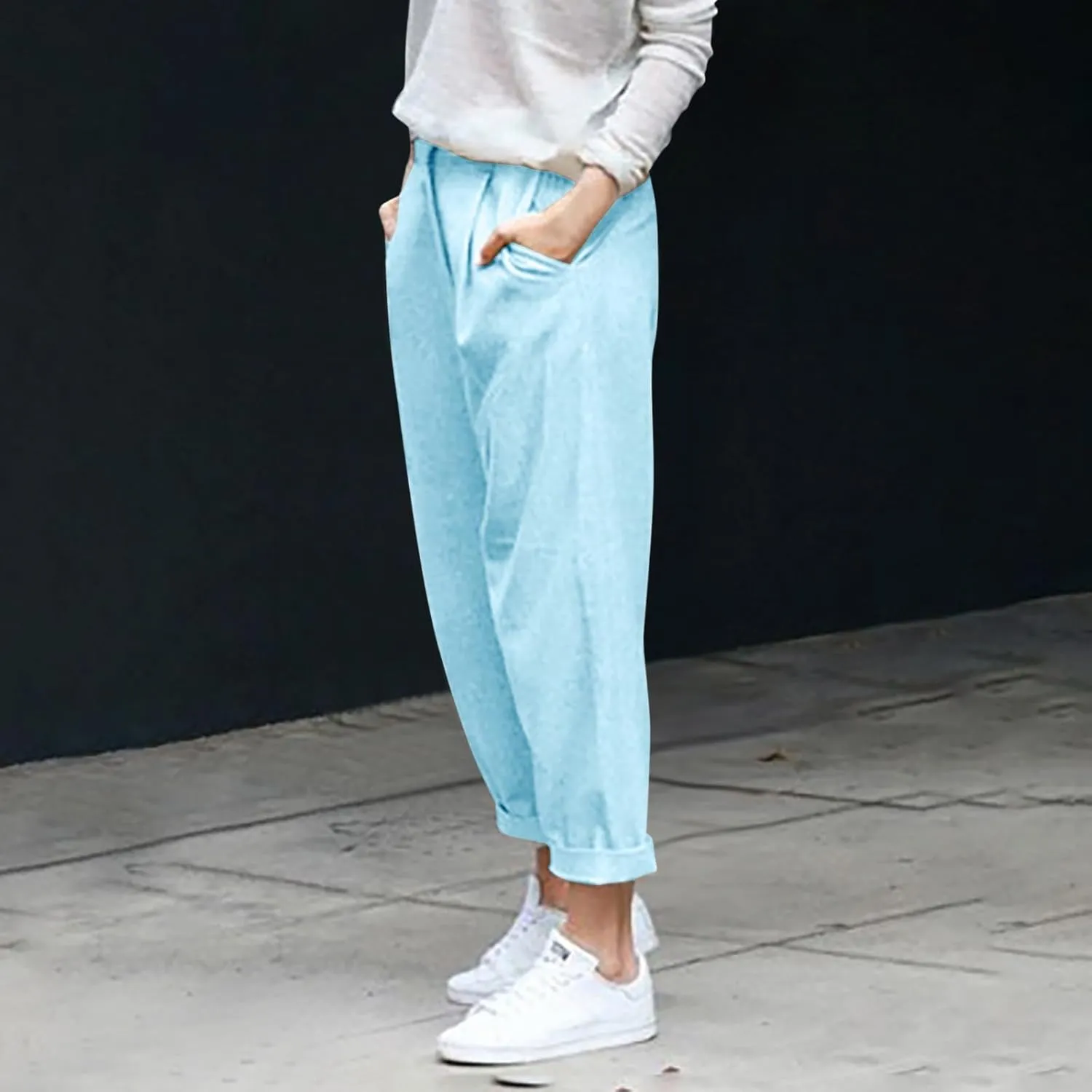 Women Linen Pants Wide Leg Casual Palazzo Pant Lounge High Waisted Beach Long Trousers Pants with Pockets Beach Wear