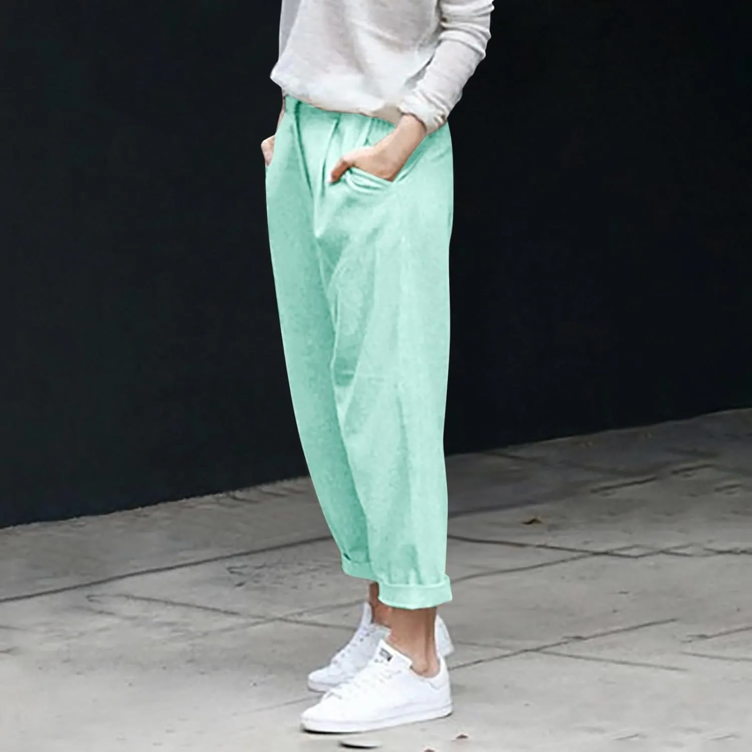 Women Linen Pants Wide Leg Casual Palazzo Pant Lounge High Waisted Beach Long Trousers Pants with Pockets Beach Wear