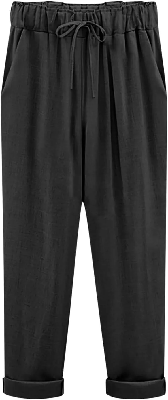 Women Linen Pants Wide Leg Casual Palazzo Pant Lounge High Waisted Beach Long Trousers Pants with Pockets Beach Wear