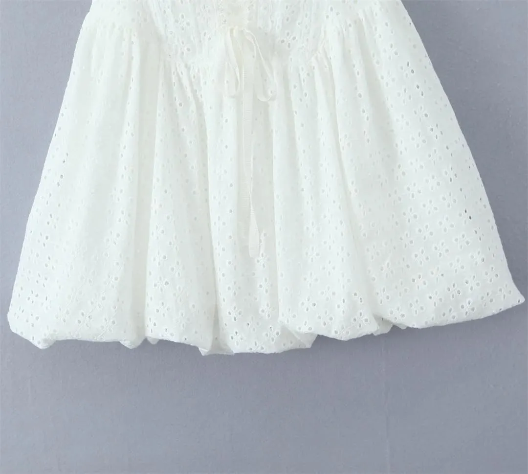 Women Off Shoulder Party Mini Dress Lace Up Hollow Out Embroidery Birthday Robe Dresses