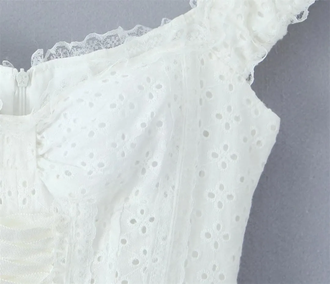 Women Off Shoulder Party Mini Dress Lace Up Hollow Out Embroidery Birthday Robe Dresses