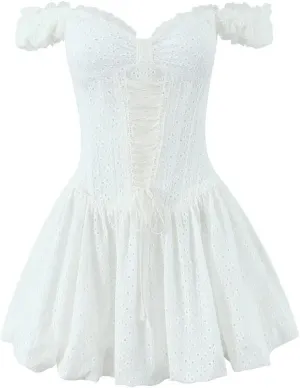 Women Off Shoulder Party Mini Dress Lace Up Hollow Out Embroidery Birthday Robe Dresses