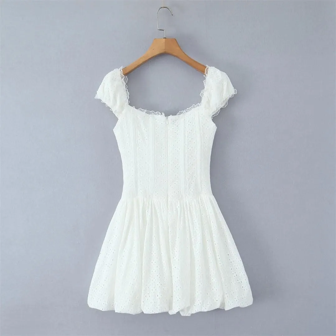 Women Off Shoulder Party Mini Dress Lace Up Hollow Out Embroidery Birthday Robe Dresses