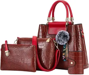 Women Purse Handbag 4pcs Faux Leather Satchel Crocodile Pattern Shoulder Bags Clutch Card Holder