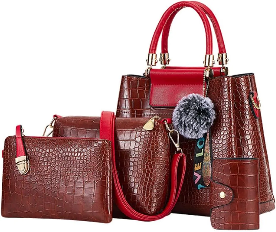 Women Purse Handbag 4pcs Faux Leather Satchel Crocodile Pattern Shoulder Bags Clutch Card Holder