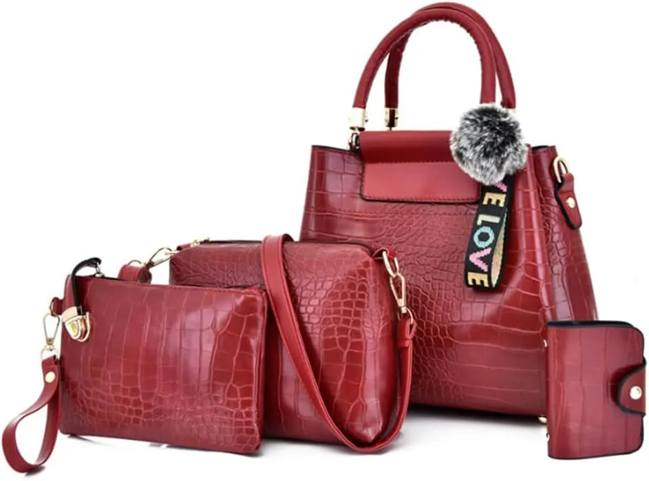 Women Purse Handbag 4pcs Faux Leather Satchel Crocodile Pattern Shoulder Bags Clutch Card Holder