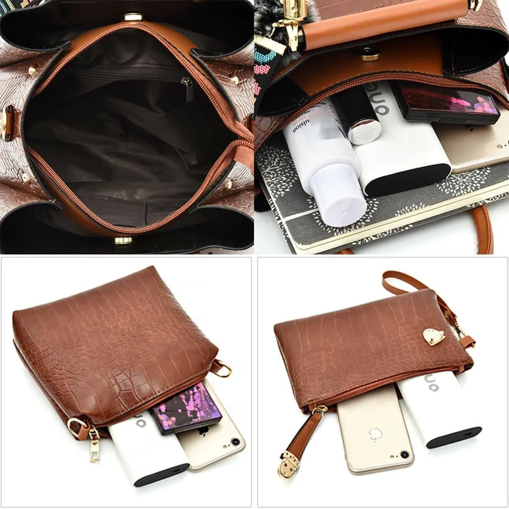 Women Purse Handbag 4pcs Faux Leather Satchel Crocodile Pattern Shoulder Bags Clutch Card Holder