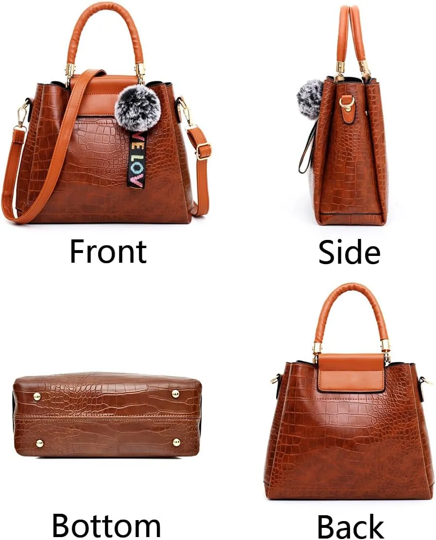 Women Purse Handbag 4pcs Faux Leather Satchel Crocodile Pattern Shoulder Bags Clutch Card Holder