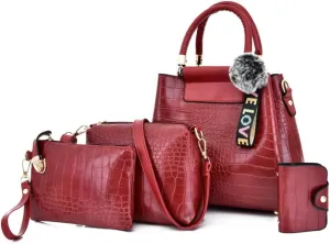 Women Purse Handbag 4pcs Faux Leather Satchel Crocodile Pattern Shoulder Bags Clutch Card Holder