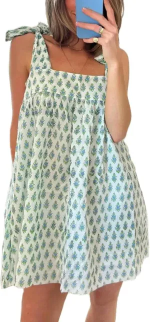 Women Ruffle Floral Babydoll Dress Tie Shoulder Boho Flowy Mini Dress Y2K Cute Bow Sleeveless Going Out Sundress