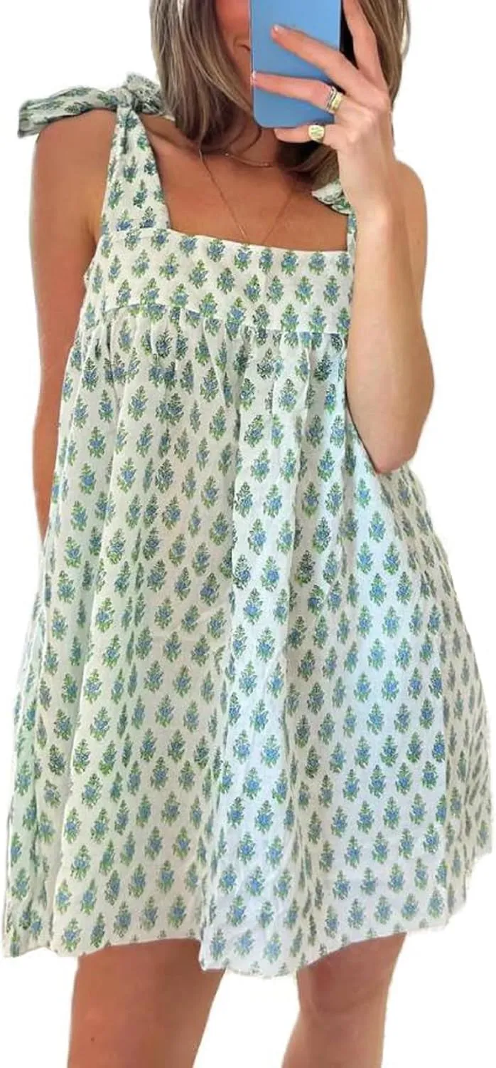 Women Ruffle Floral Babydoll Dress Tie Shoulder Boho Flowy Mini Dress Y2K Cute Bow Sleeveless Going Out Sundress