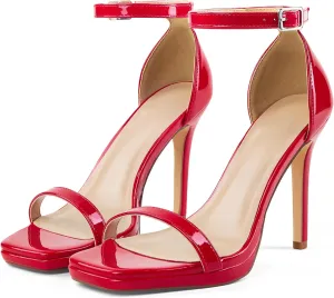 Women Strappy High Heeled Sandals,4.3-Inch Stiletto Open Square Toe Heels with Ankle Strap at Wedding Bride Prom Date Work Church Dressy