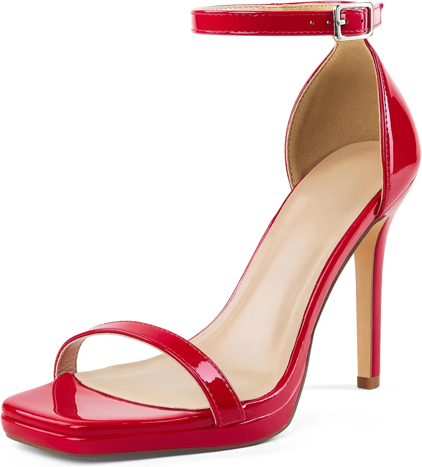 Women Strappy High Heeled Sandals,4.3-Inch Stiletto Open Square Toe Heels with Ankle Strap at Wedding Bride Prom Date Work Church Dressy