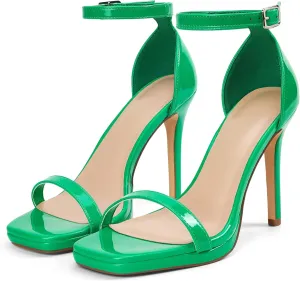 Women Strappy High Heeled Sandals,4.3-Inch Stiletto Open Square Toe Heels with Ankle Strap at Wedding Bride Prom Date Work Church Dressy