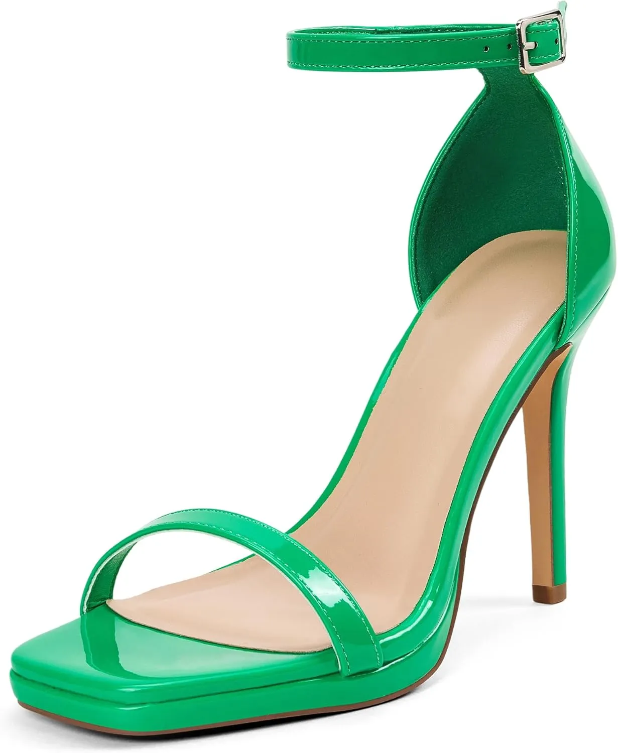 Women Strappy High Heeled Sandals,4.3-Inch Stiletto Open Square Toe Heels with Ankle Strap at Wedding Bride Prom Date Work Church Dressy