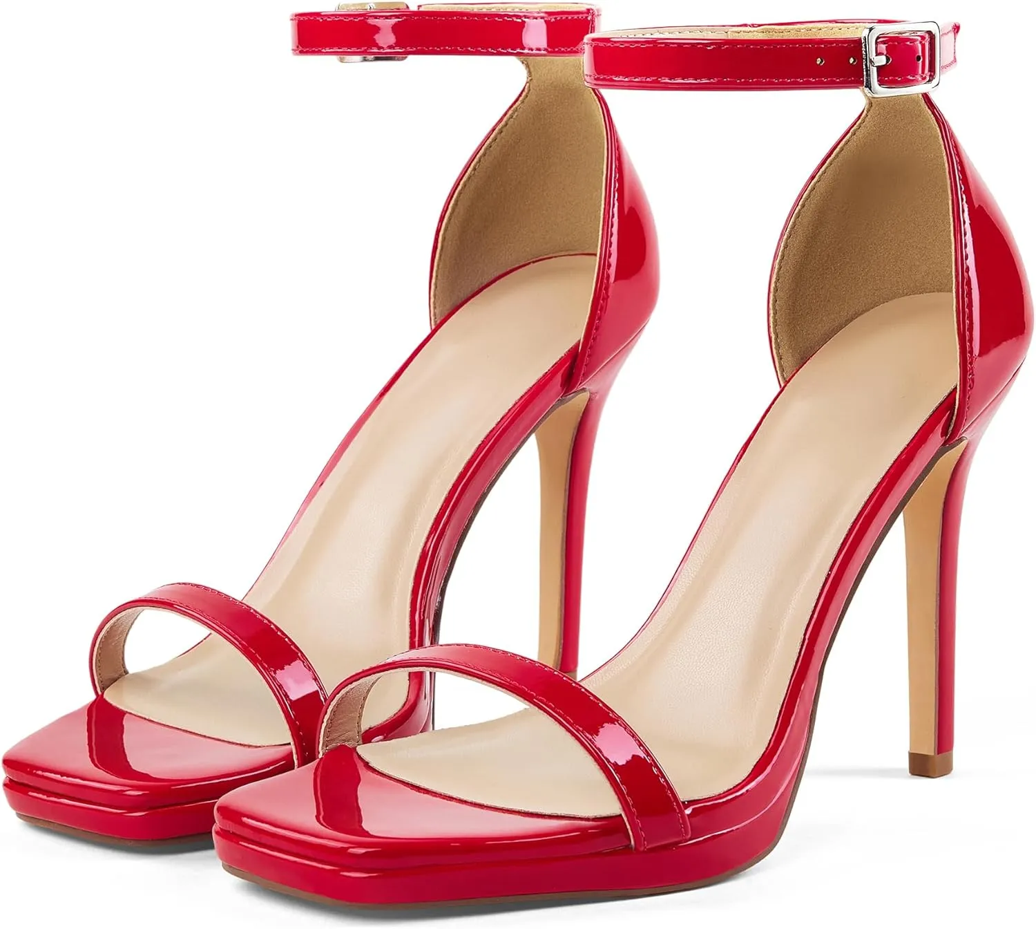 Women Strappy High Heeled Sandals,4.3-Inch Stiletto Open Square Toe Heels with Ankle Strap at Wedding Bride Prom Date Work Church Dressy