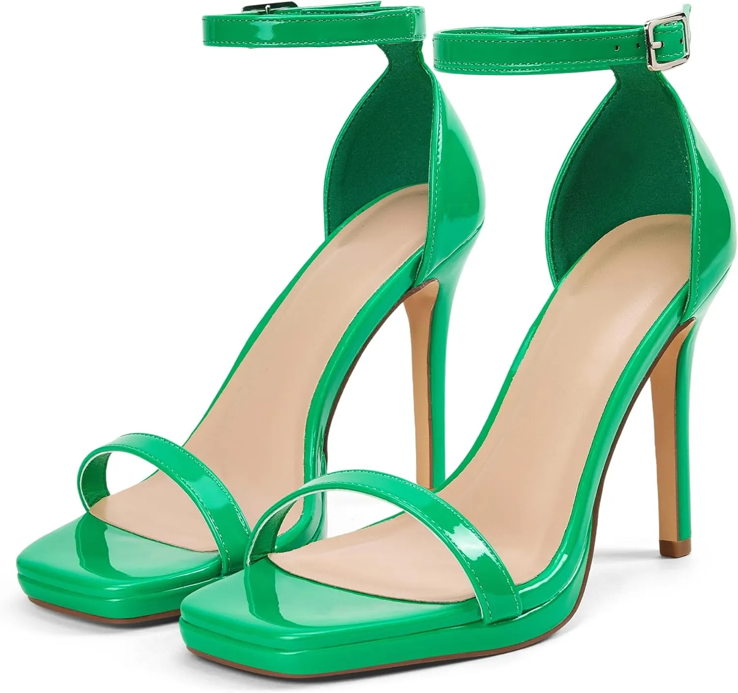 Women Strappy High Heeled Sandals,4.3-Inch Stiletto Open Square Toe Heels with Ankle Strap at Wedding Bride Prom Date Work Church Dressy
