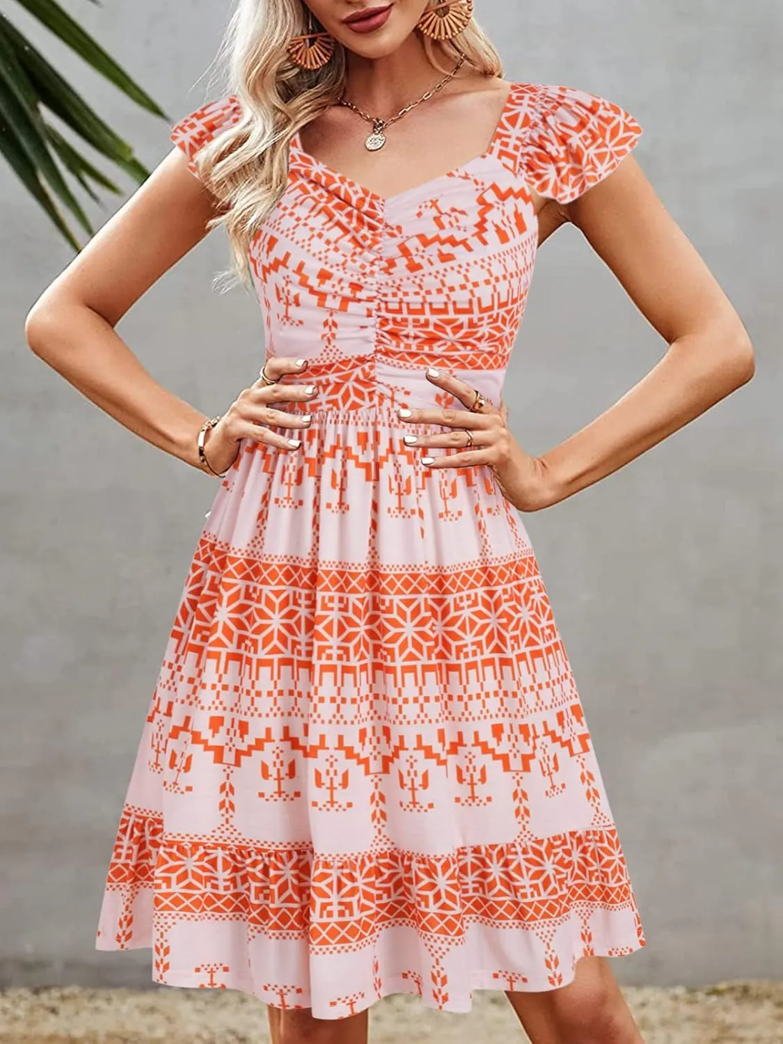 Women Summer Casual Ruffle Sleeve Floral Dress A Line Backless Beach Sundresses with Pockets