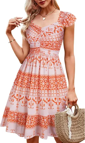 Women Summer Casual Ruffle Sleeve Floral Dress A Line Backless Beach Sundresses with Pockets