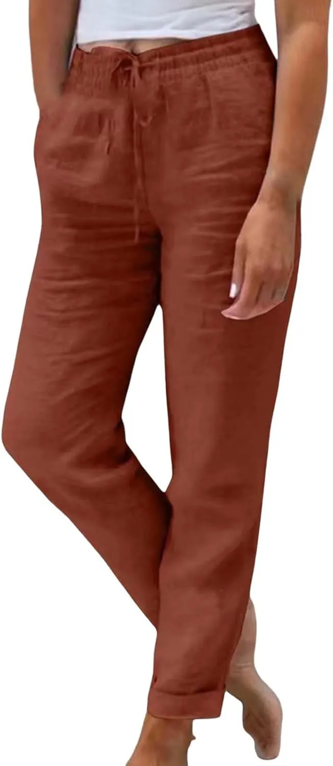 Women Summer Linen Pants Casual Drawstring Comfy Baggy Trousers Beach Boho Dressy Palazzo Lounge Pants with Pockets