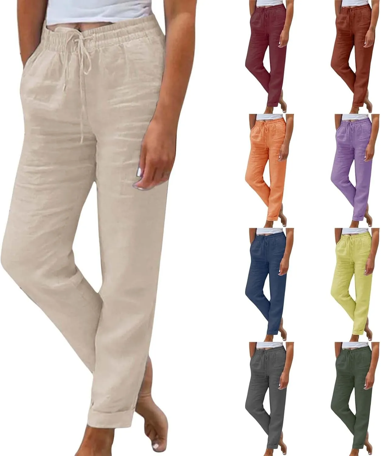Women Summer Linen Pants Casual Drawstring Comfy Baggy Trousers Beach Boho Dressy Palazzo Lounge Pants with Pockets