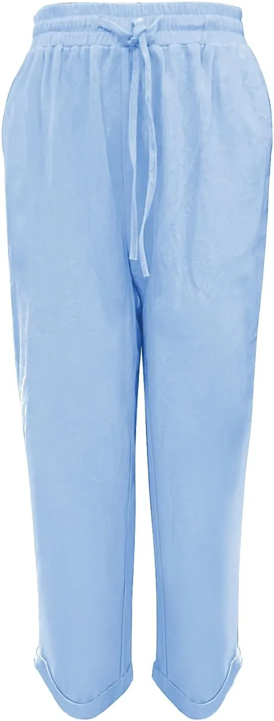 Women Summer Linen Pants Casual Drawstring Comfy Baggy Trousers Beach Boho Dressy Palazzo Lounge Pants with Pockets