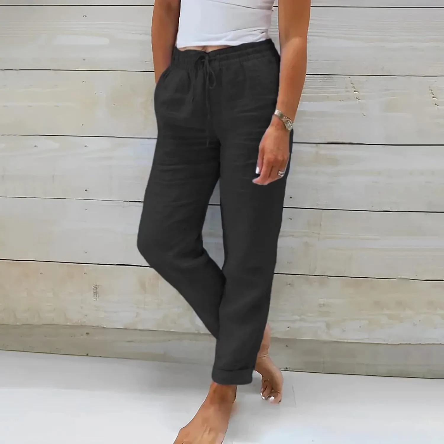Women Summer Linen Pants Casual Drawstring Comfy Baggy Trousers Beach Boho Dressy Palazzo Lounge Pants with Pockets