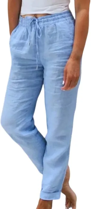 Women Summer Linen Pants Casual Drawstring Comfy Baggy Trousers Beach Boho Dressy Palazzo Lounge Pants with Pockets