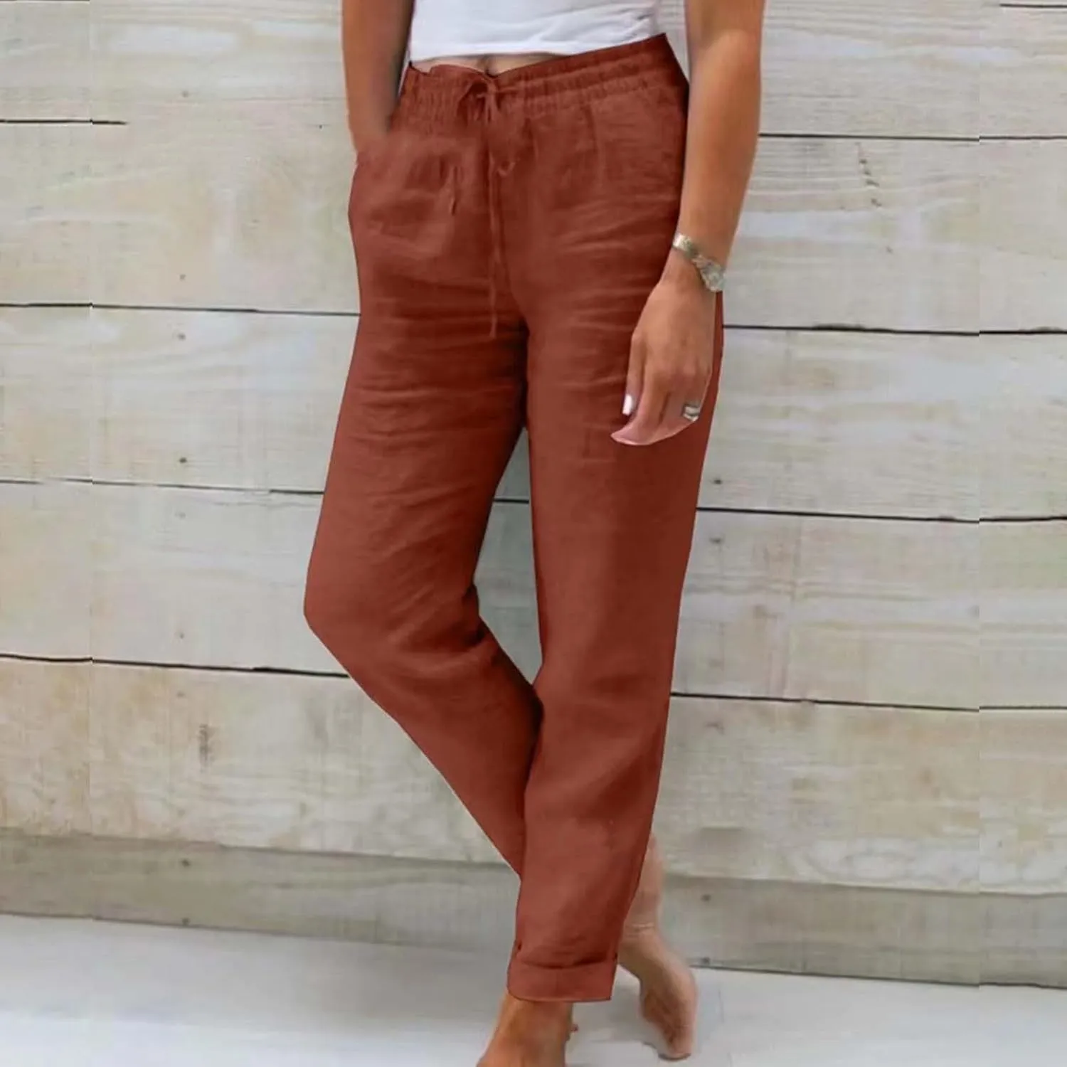 Women Summer Linen Pants Casual Drawstring Comfy Baggy Trousers Beach Boho Dressy Palazzo Lounge Pants with Pockets
