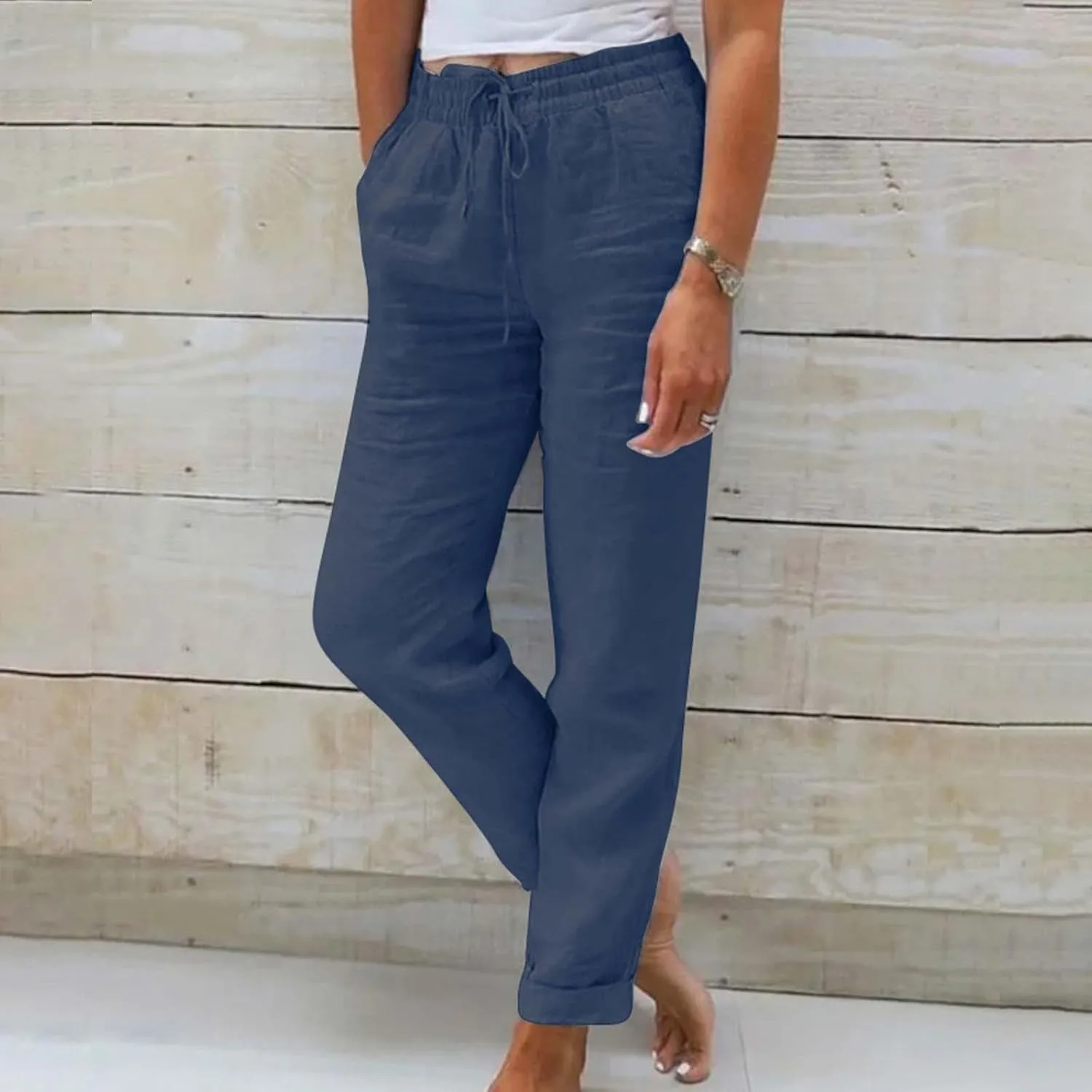Women Summer Linen Pants Casual Drawstring Comfy Baggy Trousers Beach Boho Dressy Palazzo Lounge Pants with Pockets