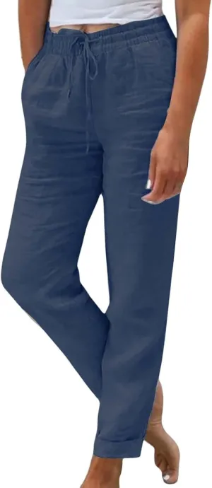 Women Summer Linen Pants Casual Drawstring Comfy Baggy Trousers Beach Boho Dressy Palazzo Lounge Pants with Pockets