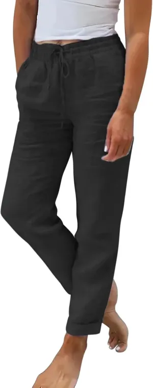 Women Summer Linen Pants Casual Drawstring Comfy Baggy Trousers Beach Boho Dressy Palazzo Lounge Pants with Pockets