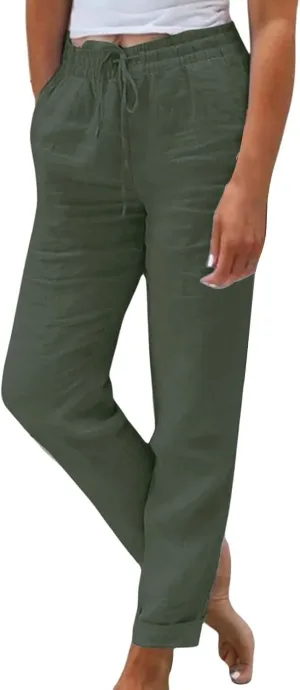 Women Summer Linen Pants Casual Drawstring Comfy Baggy Trousers Beach Boho Dressy Palazzo Lounge Pants with Pockets