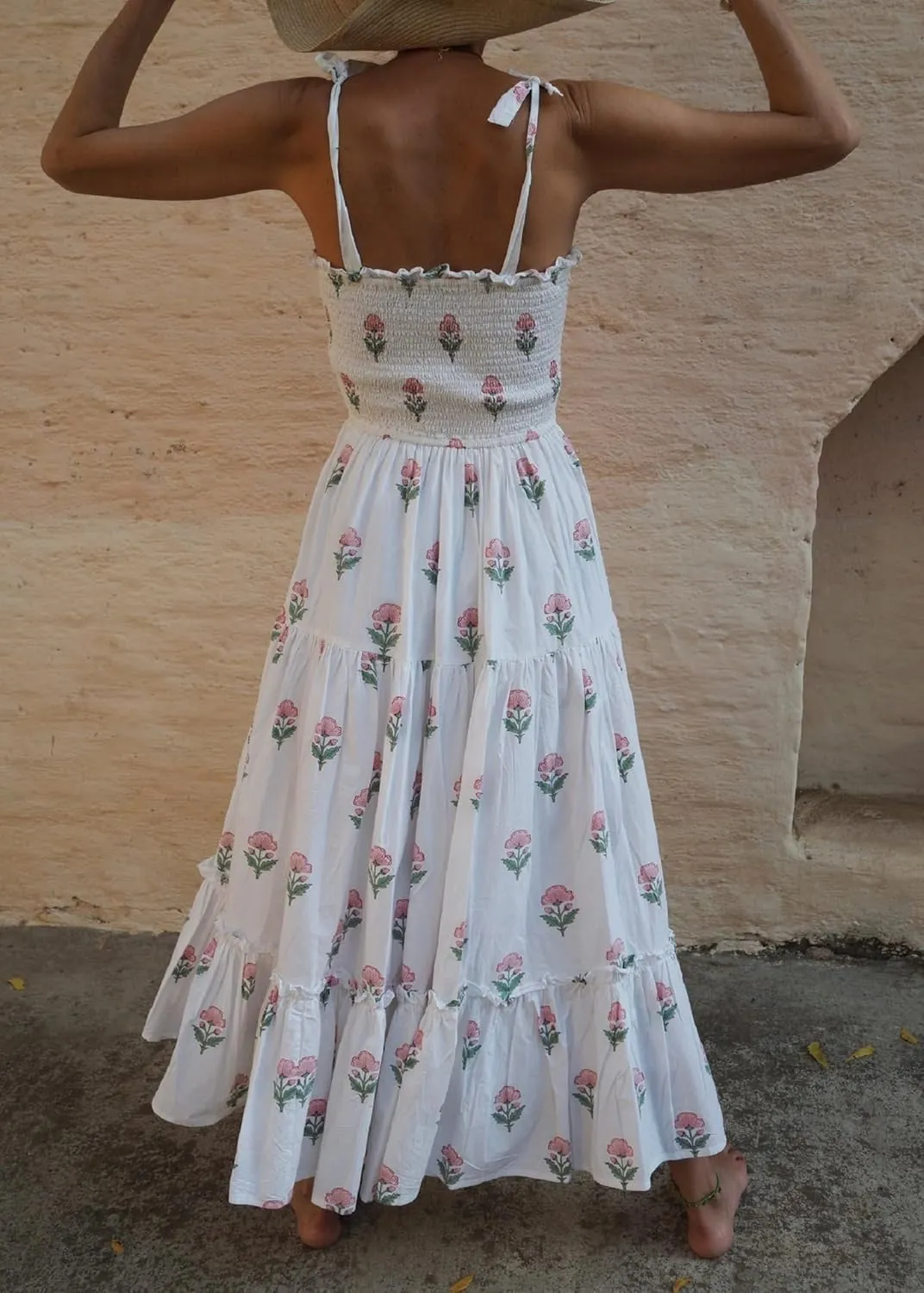 Women Tie Shoulder Graphic Boho Maxi Dress Sleeveless Flowy Tiered A Line Dress Summer Vocation Graffiti Sundress