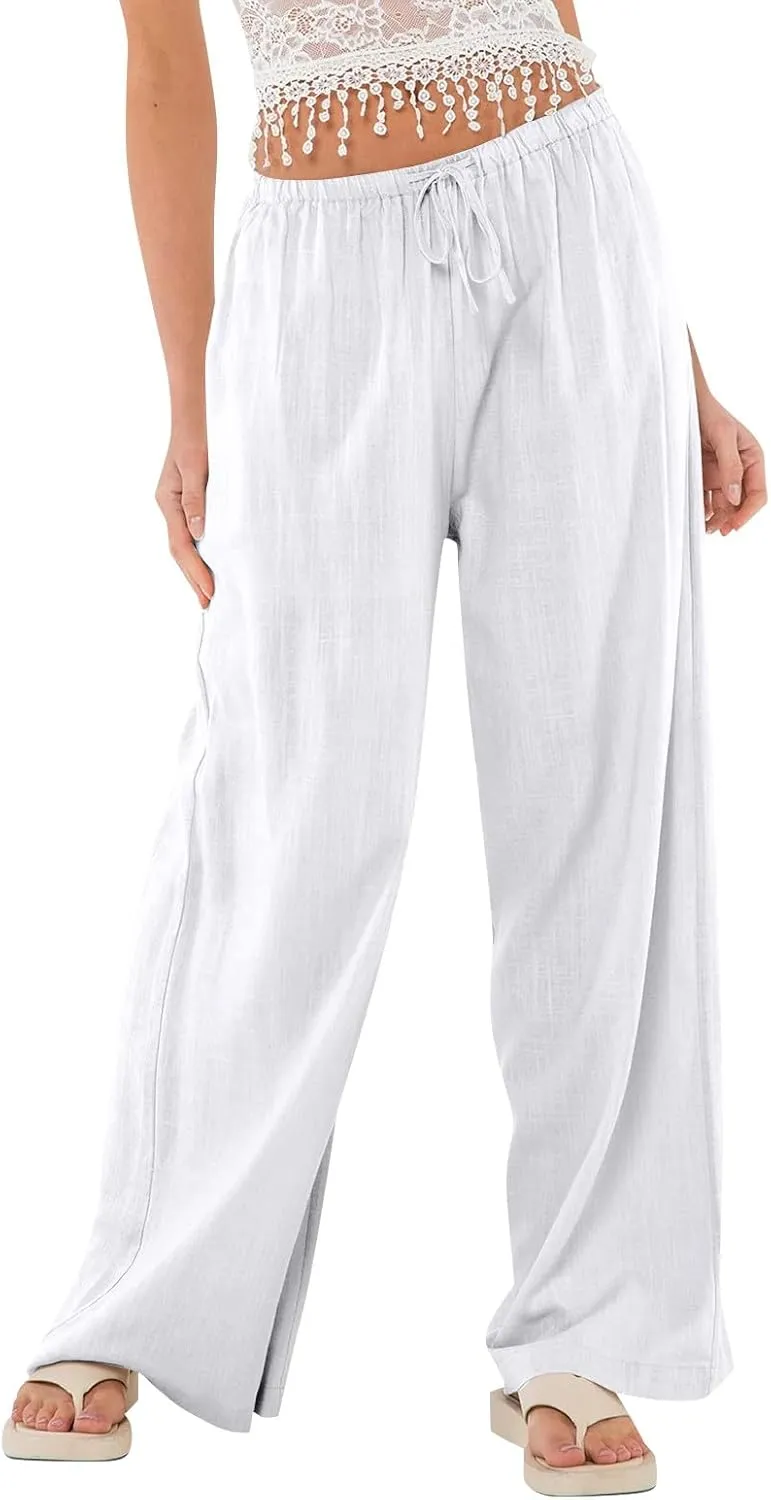 Women Wide Leg Pants Flowy Linen Pants Drawstring High Waisted Summer Baggy Trouser Pant with Pockets (S-2Xl)