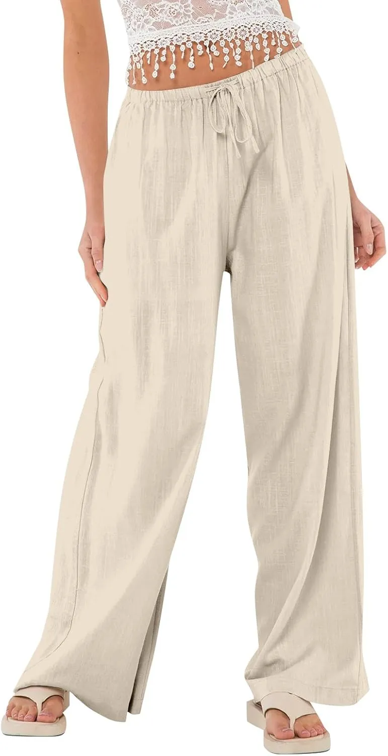 Women Wide Leg Pants Flowy Linen Pants Drawstring High Waisted Summer Baggy Trouser Pant with Pockets (S-2Xl)